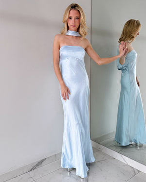 CM6375D Baby Blue Strapless Choker Maxi Dress