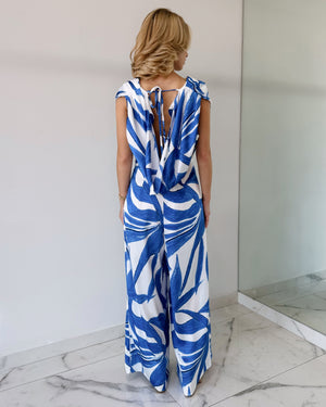Blue Print Open Back Silk Jumpsuit