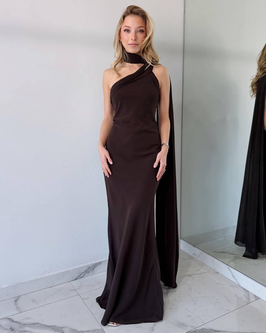 Coffee Chocolate One Shoulder Gown Dress
