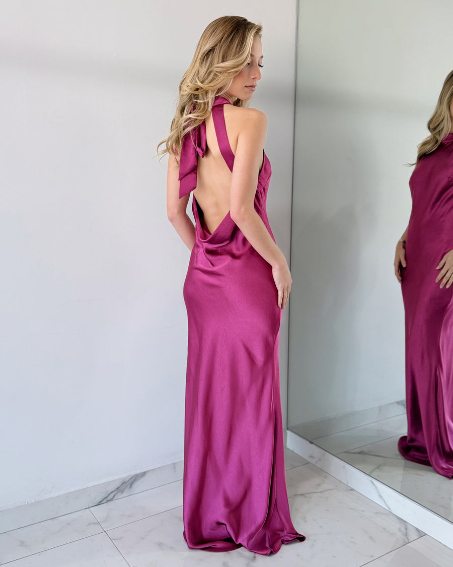 Berry Magenta Open Back Gown Dress