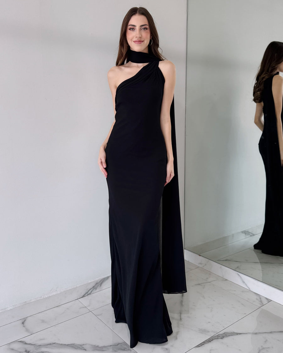 Black One Shoulder Bodycon Gown Dress