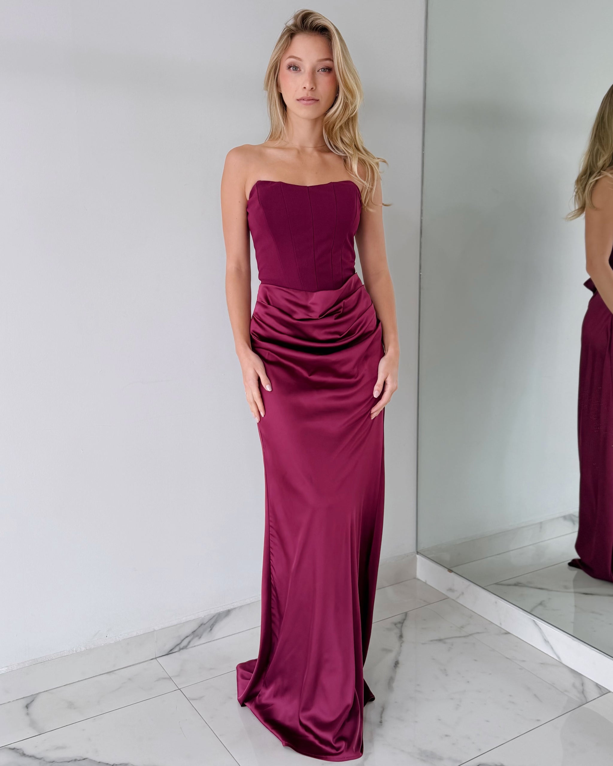 Wine Strapless Gown Dress
