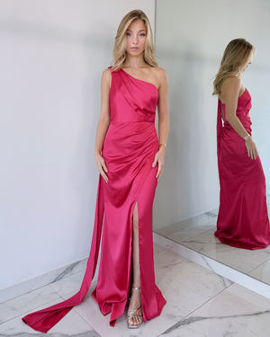 Fuchsia Choker One Shoulder Gown Dress