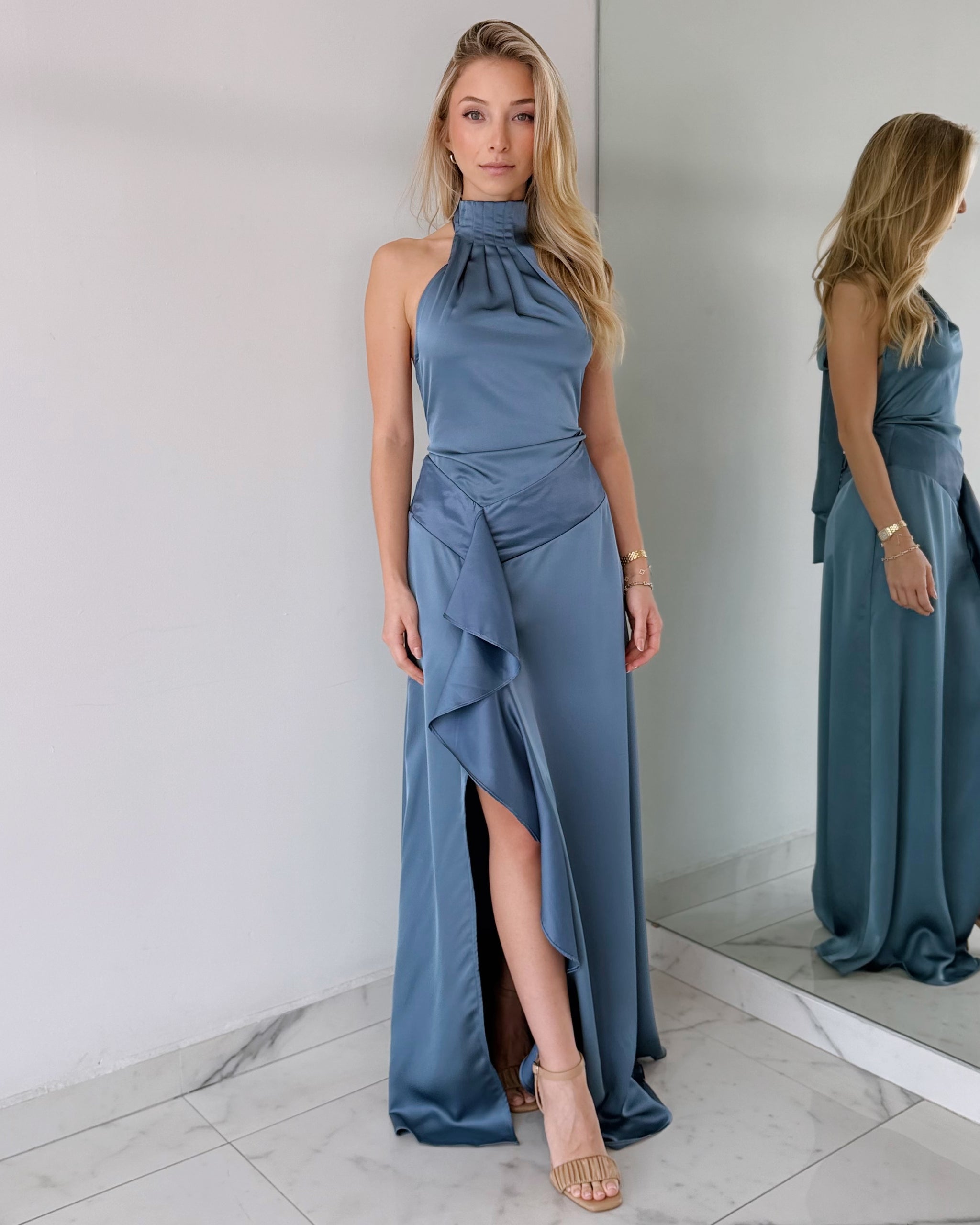 Blue Grey Ruffle Gown Dress