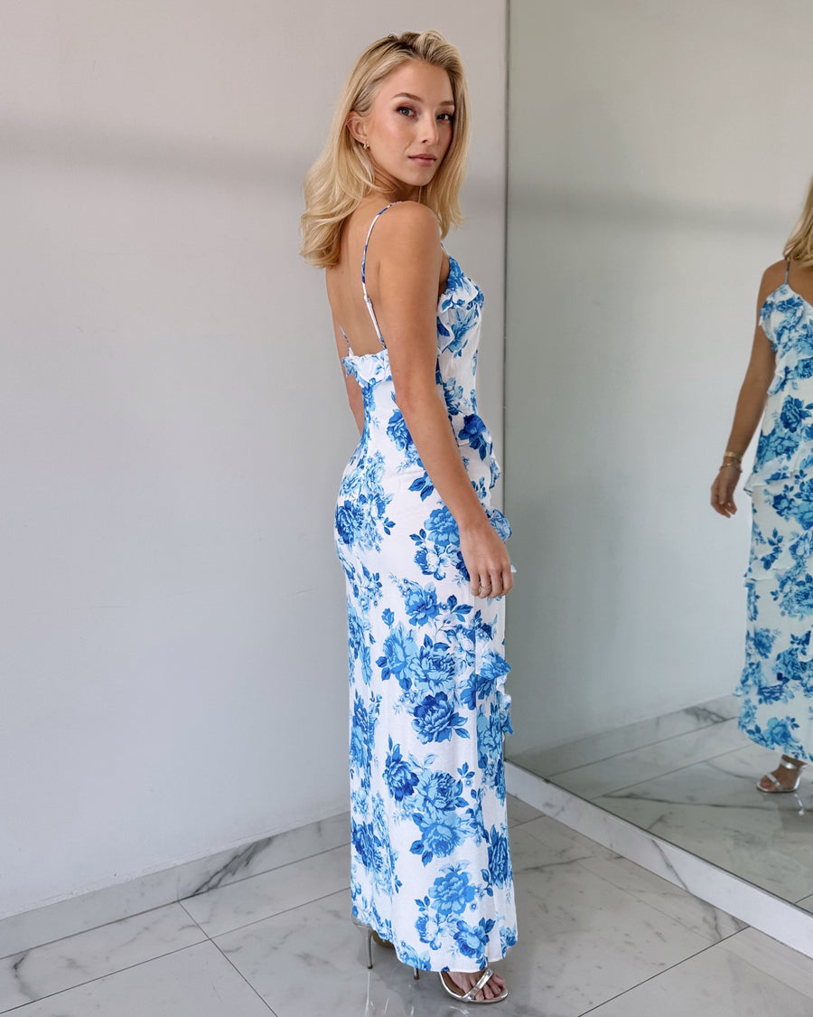Baby Blue Floral Ruffle Midi Dress