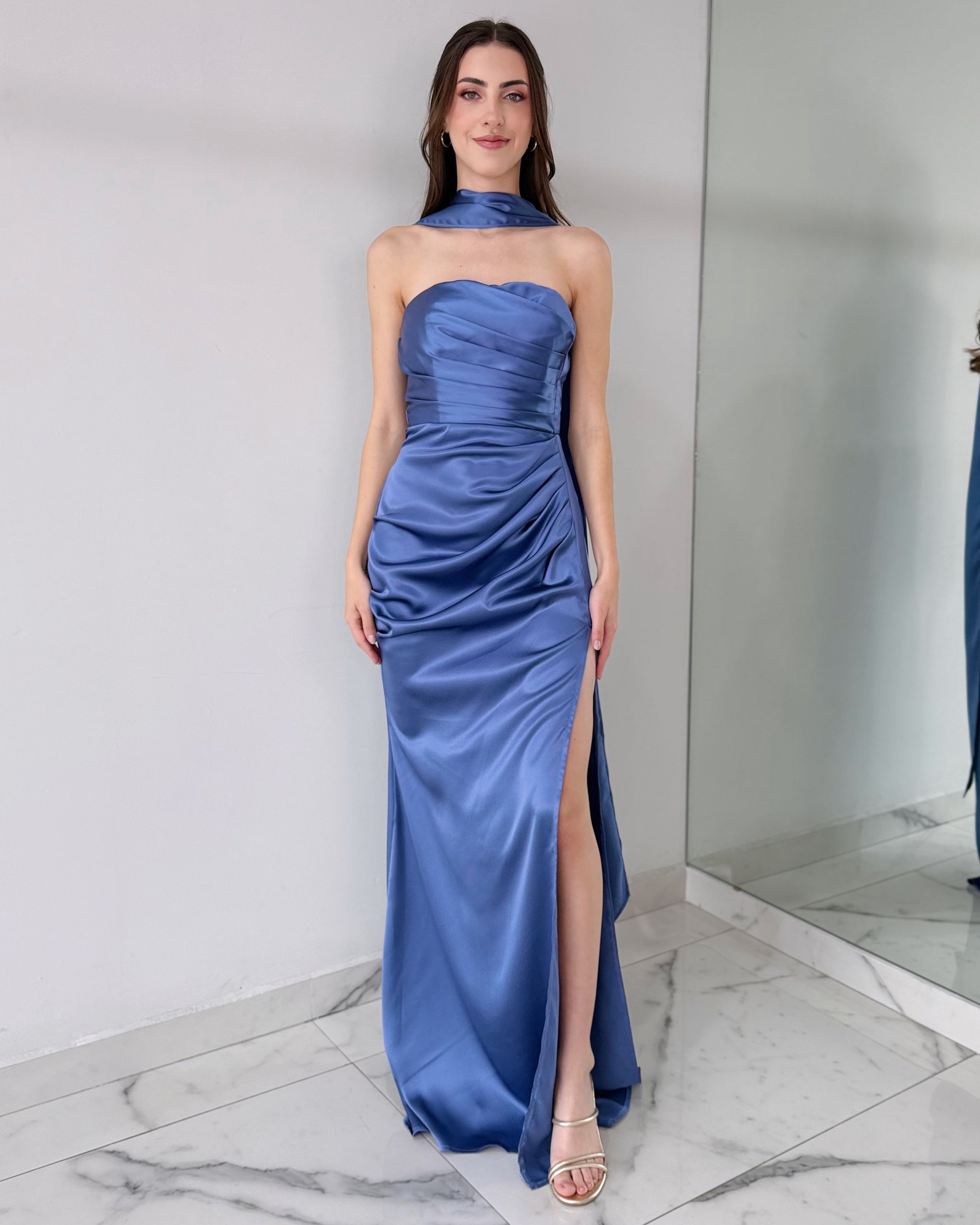 Blue Strapless Choker Gown Dress