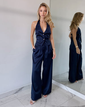 Blue Silk Top + Pant Two Piece Set