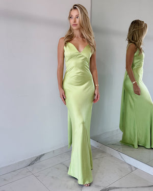 Green Lemon Open Back Gown Dress