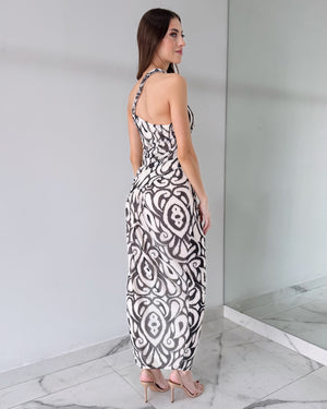 Black Print Asymmetrical Midi Dress