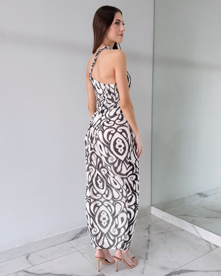 Black Print Asymmetrical Midi Dress