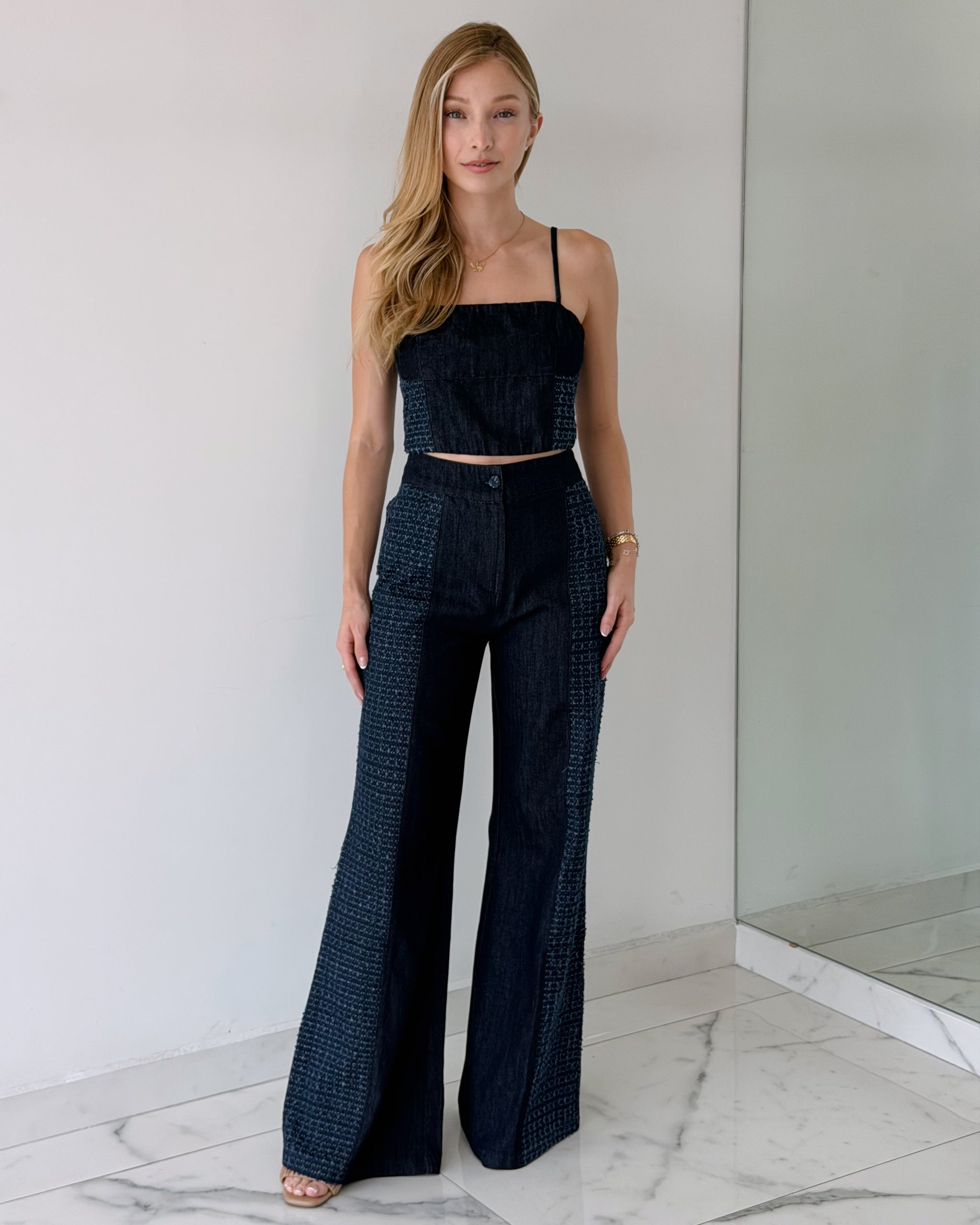 Blue Denim Top + Pant Two Piece Set