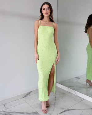 Green Lime Pearl Open Leg Midi Dress