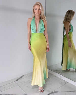 Blue Green V Neck Open Back Maxi Dress