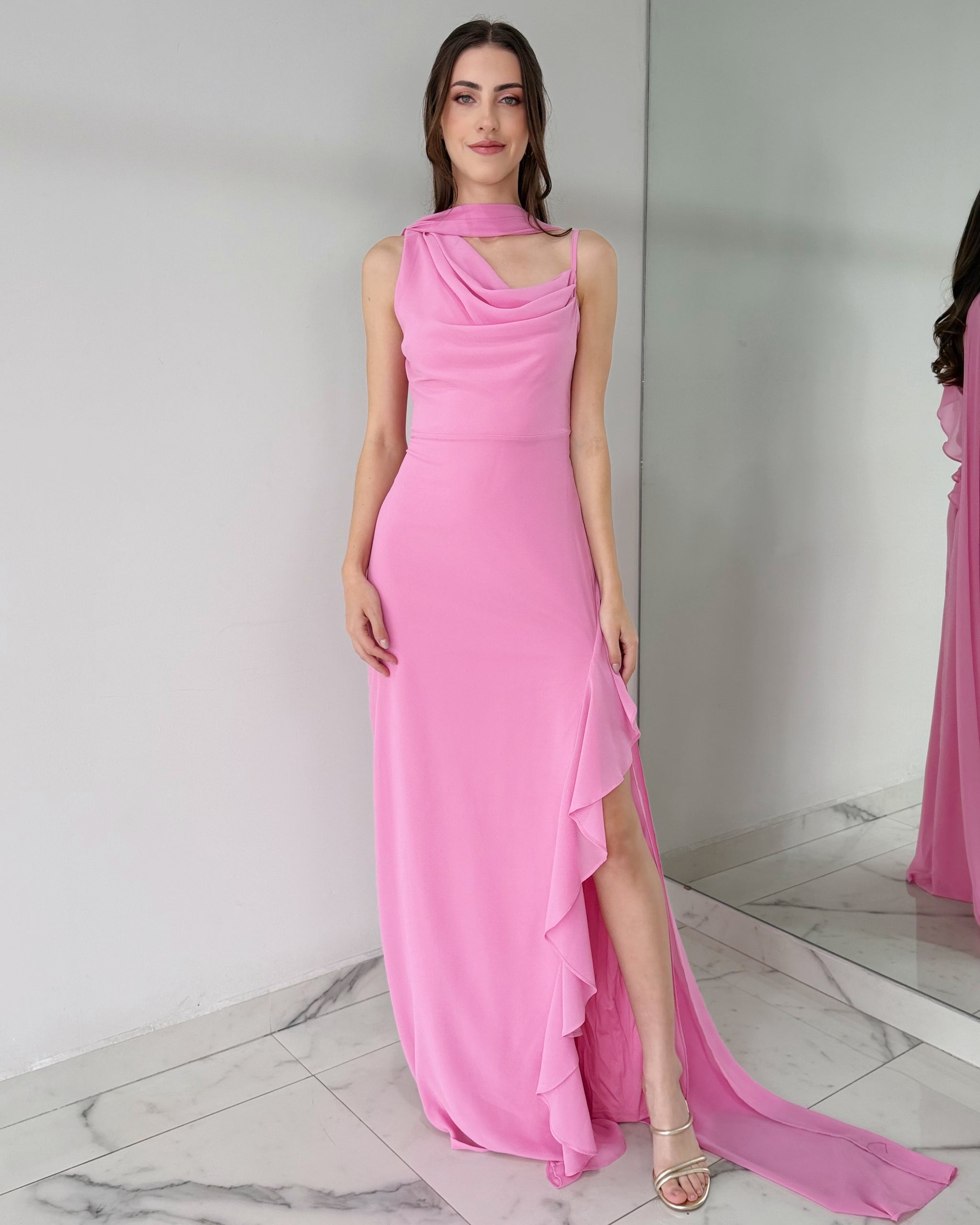 Pink Ruffle Choker Open Back Gown Dress