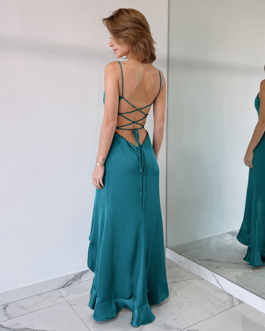 Turquoise Ruffle Open Back Maxi Dress