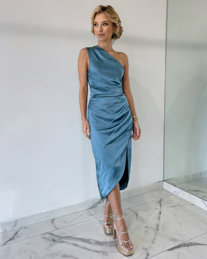 Blue One Shoulder Midi Dress