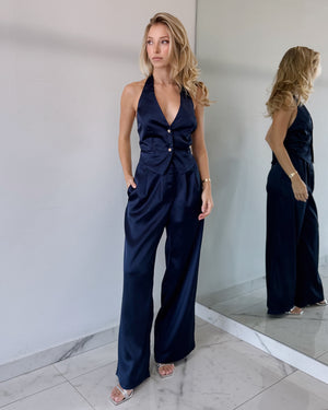 Blue Silk Top + Pant Two Piece Set