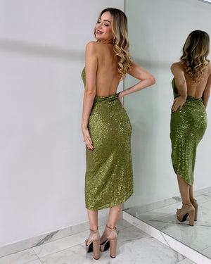 Green Sequin Open Midi Dress
