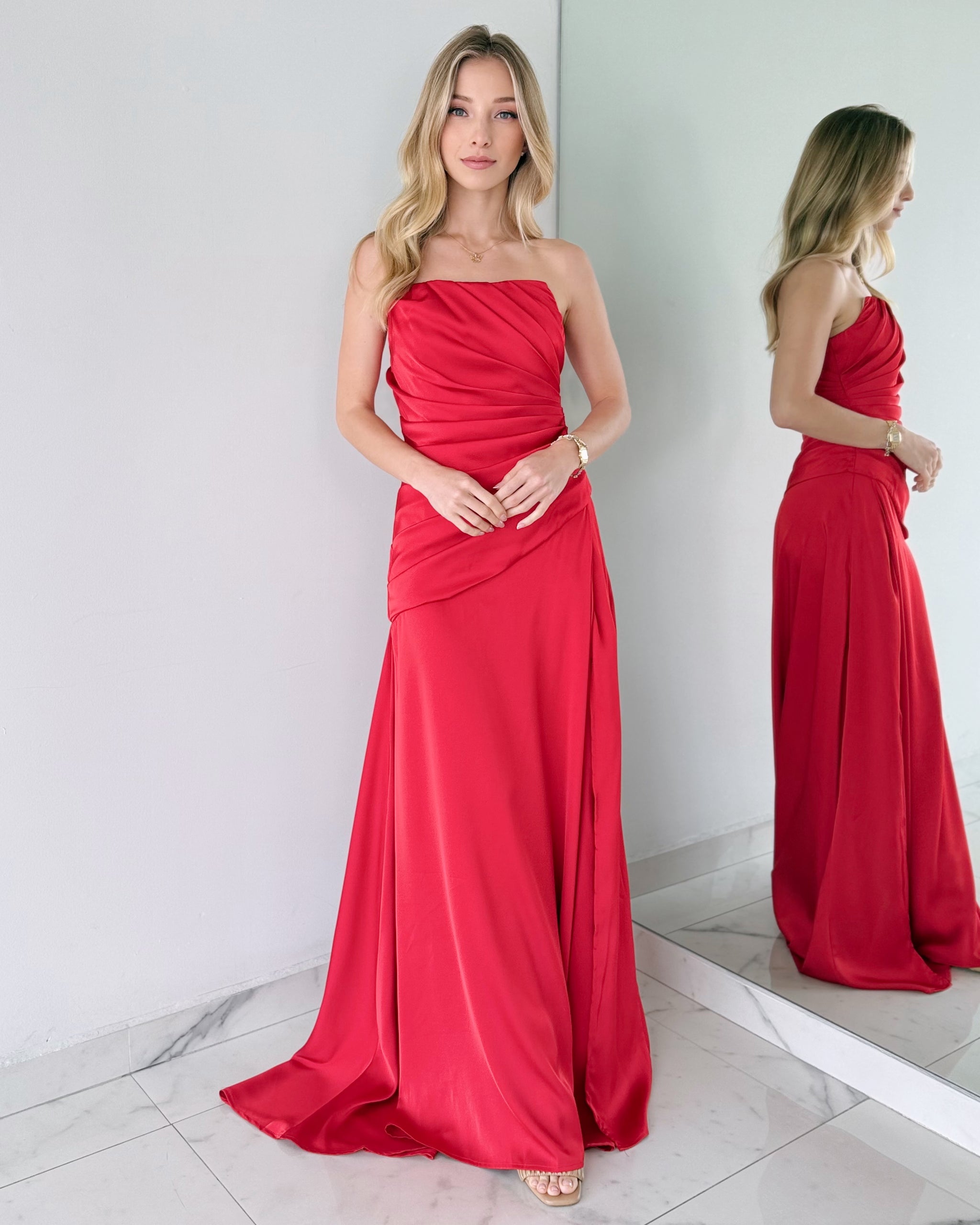 Red Strapless Open Detail Gown Dress