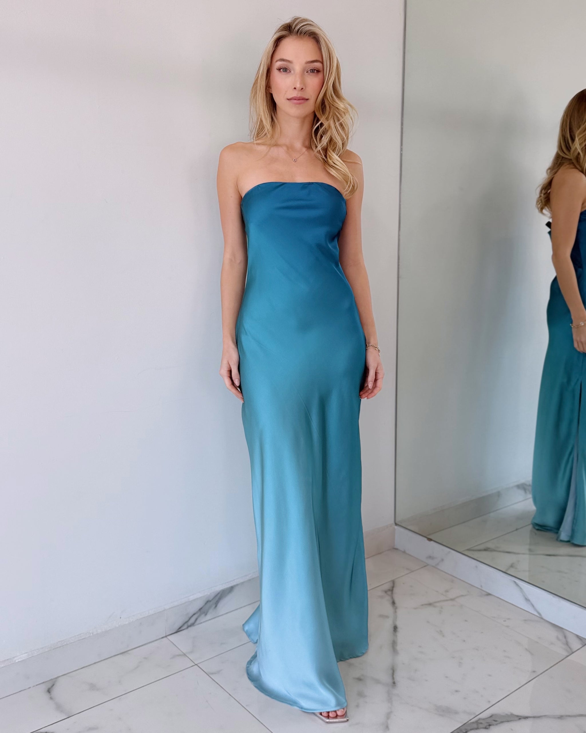 Blue Print Strapless Open Leg Maxi Dress