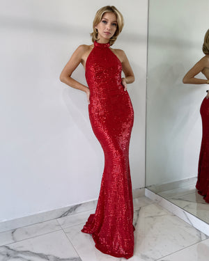 Red Halter Sequin Gown Dress