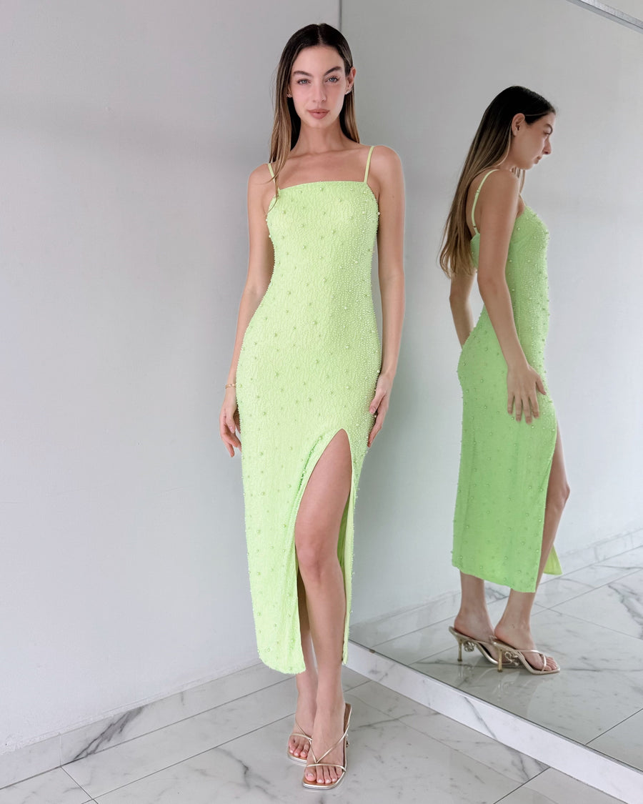 Green Lime Pearl Open Leg Midi Dress