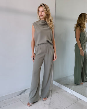 Olive Green Top + Pant Two Piece Set