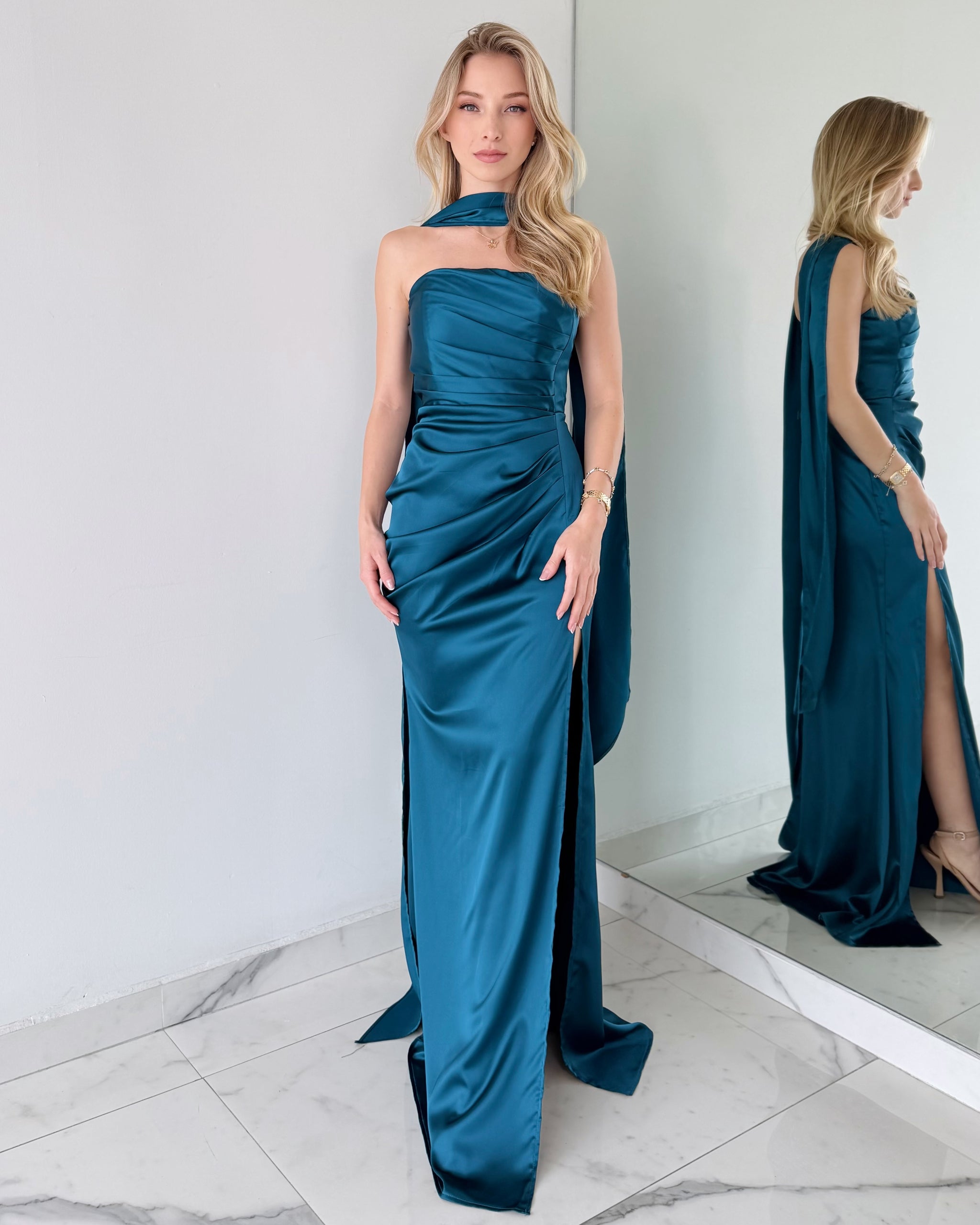Blue Teal Strapless Choker Gown Dress