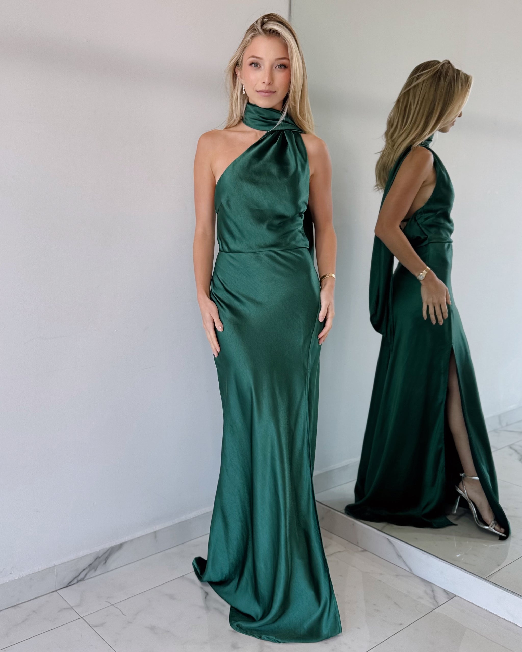 green choker dress Vesper bengaline choker bandeau thigh split maxi dress in green