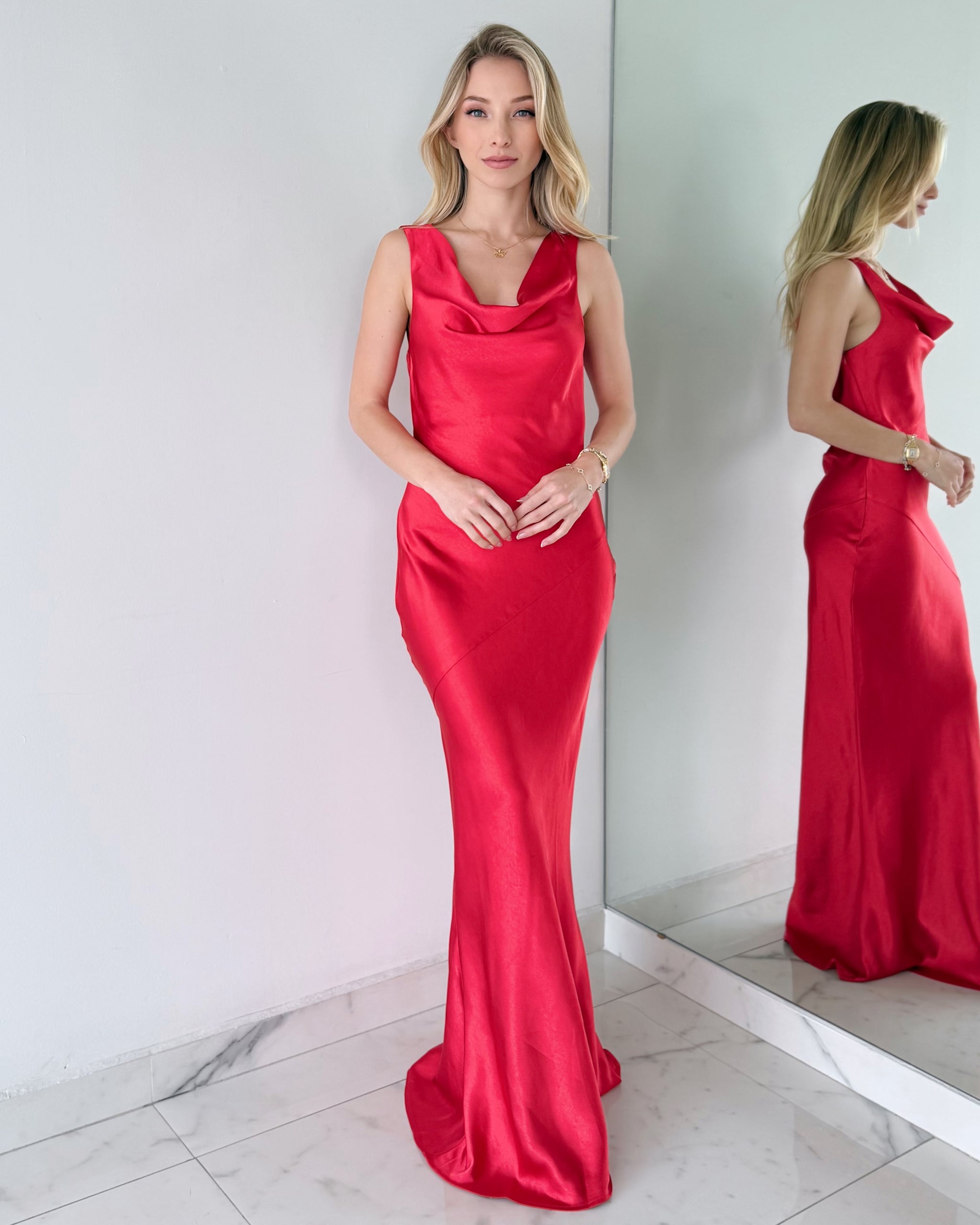 Red Open Back Silk Gown Dress