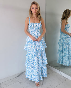 Baby Blue Floral Ruffle Maxi Dress