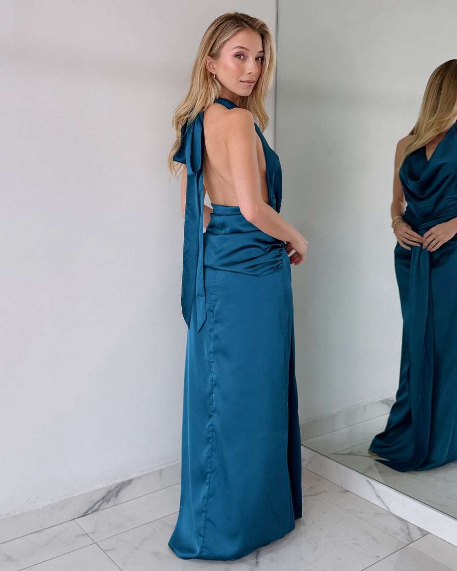 Blue Teal Open Back Gown Dress