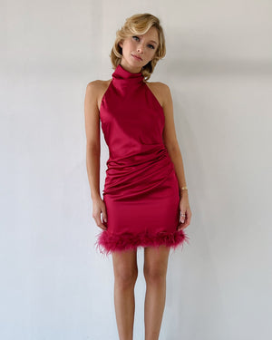 Hot Pink Feathers Halter Silk Mini Dress