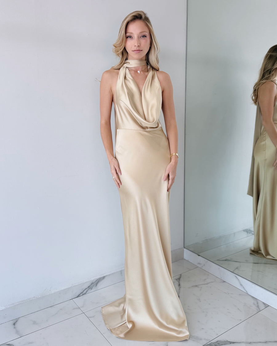 Yellow Kiwi Halter Open Back Gown Dress