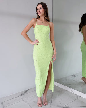 Green Lime Pearl Open Leg Midi Dress