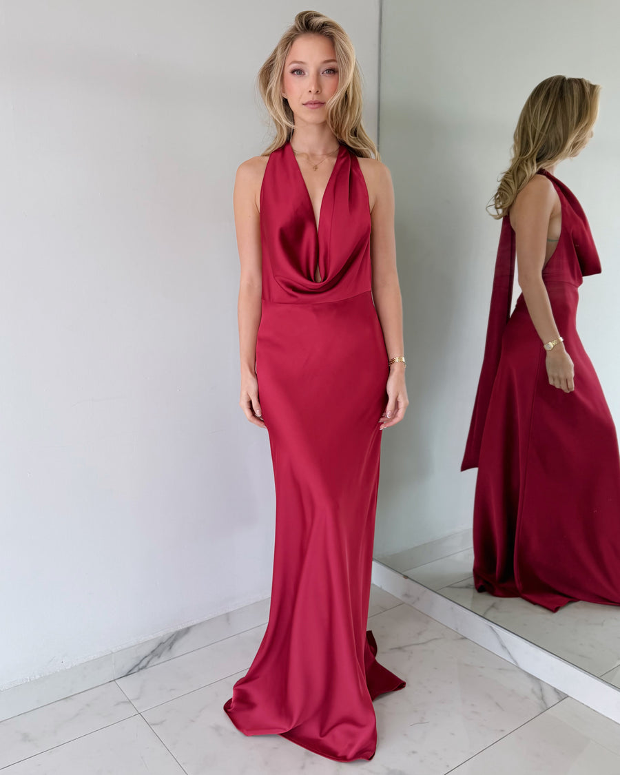 Burgundy Wine Halter Open Back Gown Dress
