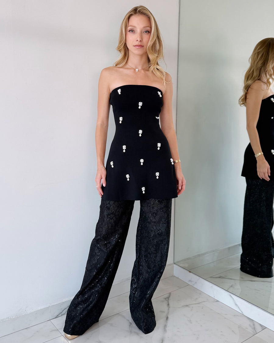 Black Strapless Detail Top + Pant Two Piece Set