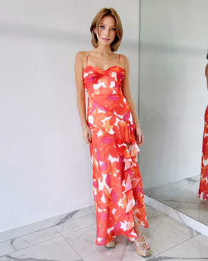 Orange Floral Ruffle Maxi Dress