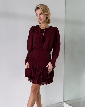 Wine Ruffle Long Sleeve Mini Dress