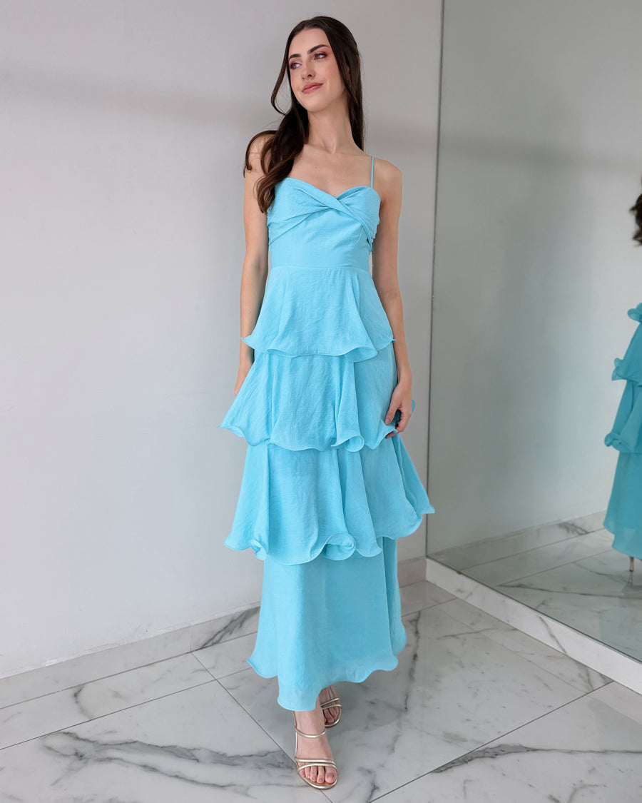 Baby Blue Strap Ruffle Maxi Dress