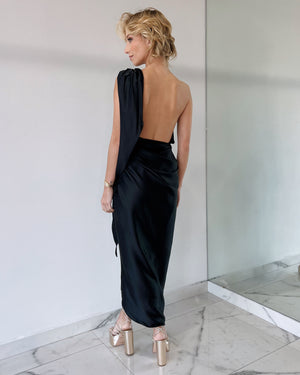 Black One Shoulder Midi Dress