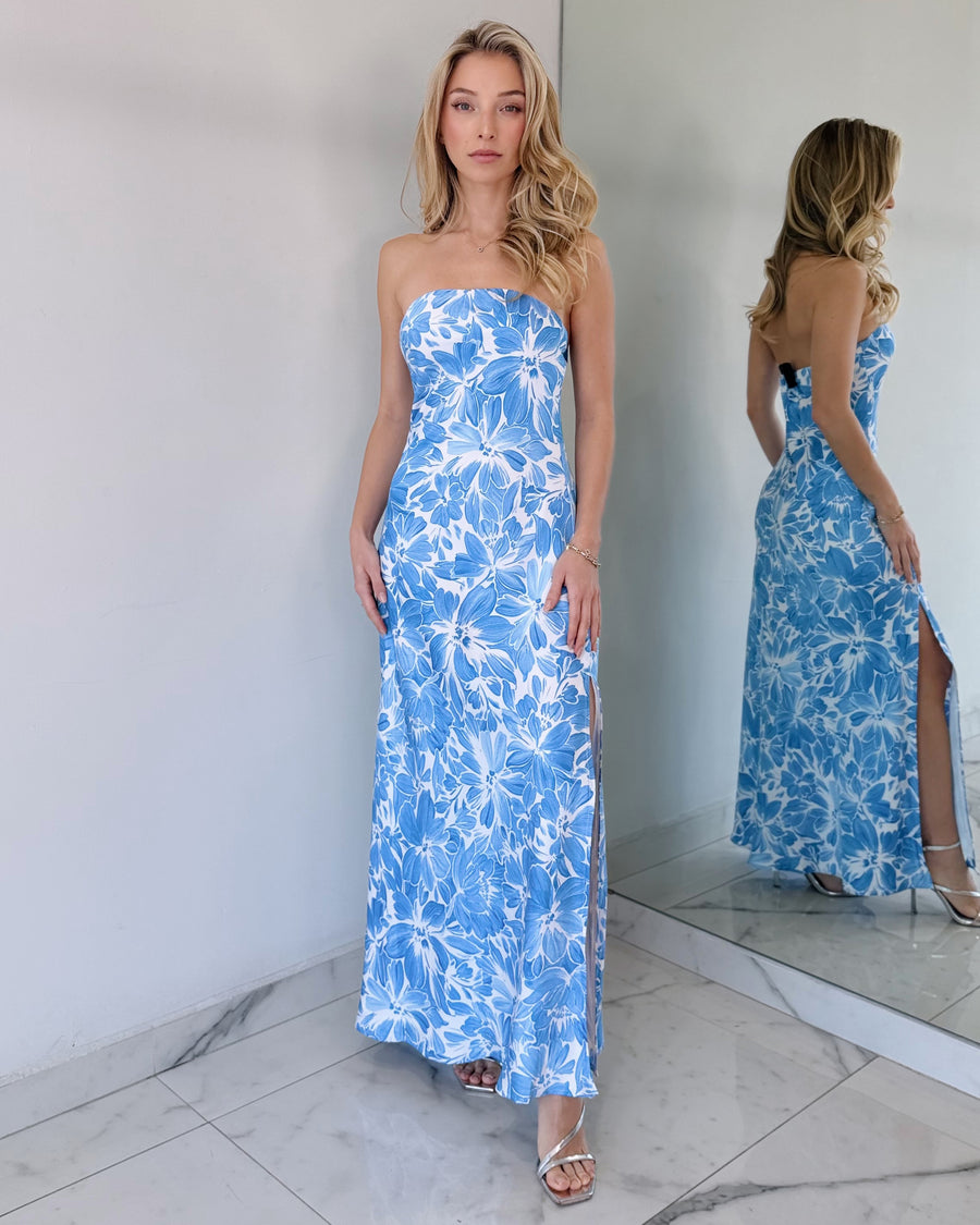 Baby Blue Floral Strapless Midi Dress