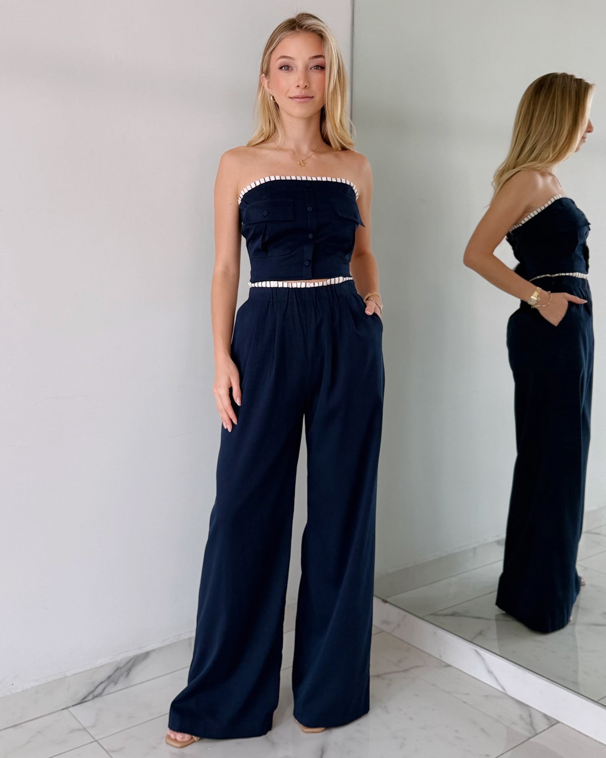 Blue Navy Stripe Pant + Top Two Piece Set
