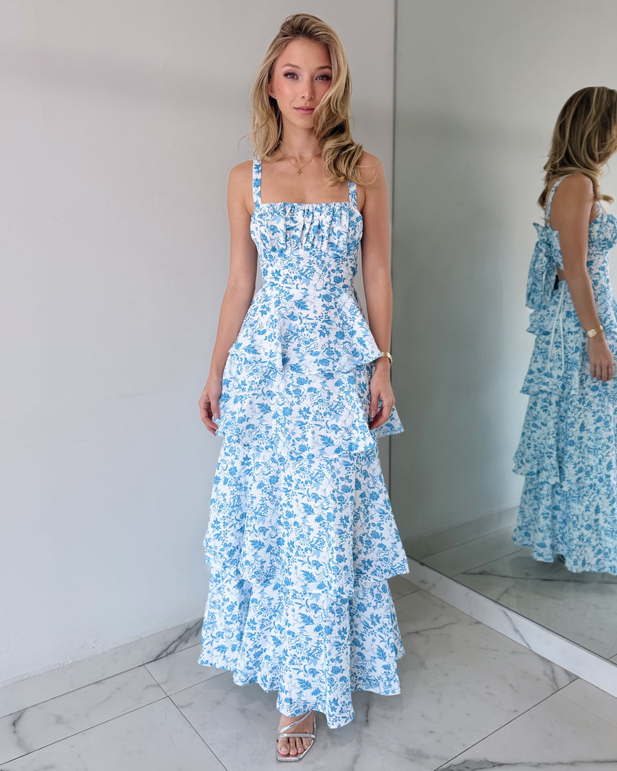 Baby Blue Floral Ruffle Maxi Dress