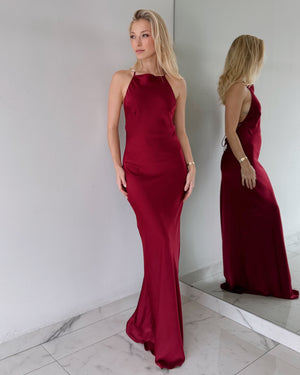 Wine Open Back Silk Gown Dress