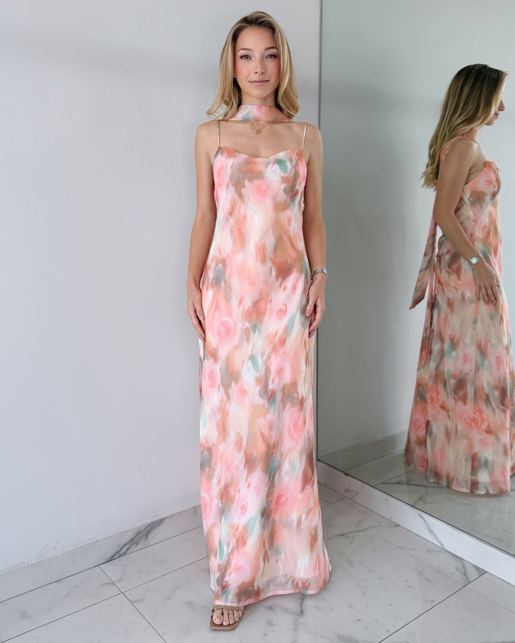 Pink Print Choker Detail Maxi Dress