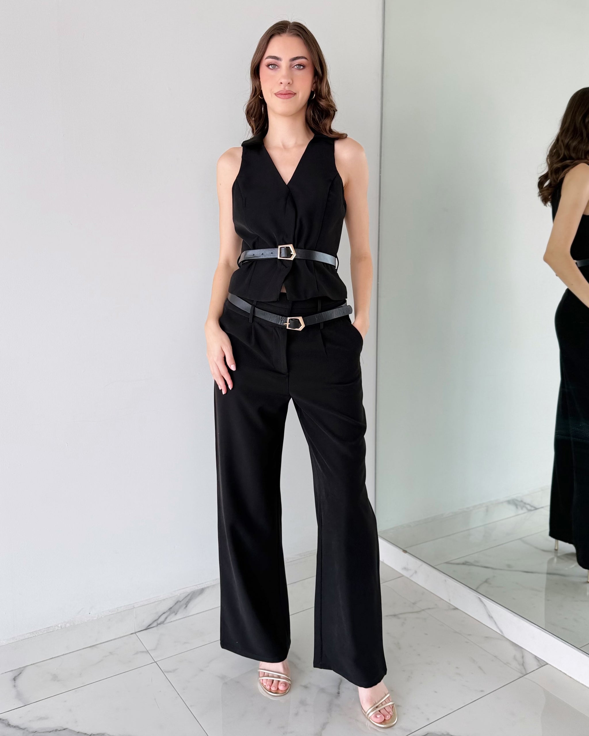 Black Belt Detail Top + Pant Two Piece Set