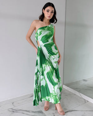 Green Tie Dye Asymmetrical Midi Dress