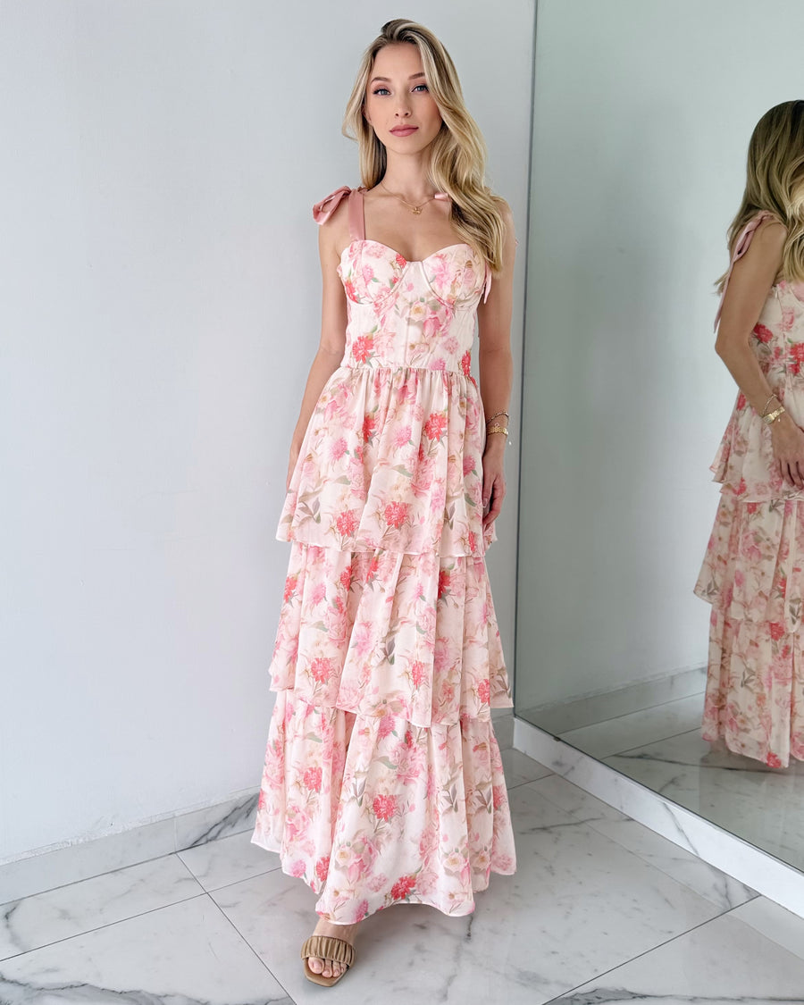 Baby Pink Print Ruffle Maxi Dress
