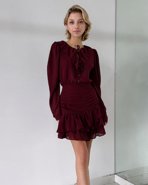 Wine Ruffle Long Sleeve Mini Dress